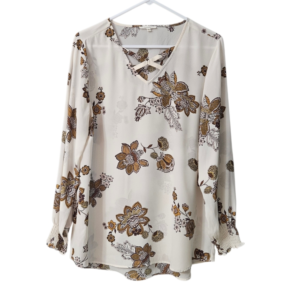 Maurices Long Sleeve Floral Blouse V-Neck Women's Large Brown Light Cream